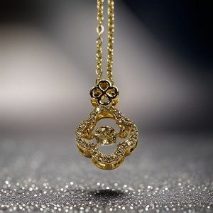 Gold Lucky Clover with 1.5 ct Zircon Round Cut Floater Pendant Necklace